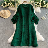 ANLAN Luxury Beading Hollow Out Tassels Pleated Miyake Dresses Women 3D Flower Splice Lantern Sleeve Loose Party Dress 2025 N