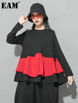 EAM Women Ruffles Hem Big Size Irregular Red T-shirt New Round Neck Long Sleeve Fashion Tide Autumn 2026 1DF1494