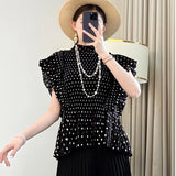 LANMREM Black Elastic Slim Dot Printting Pleated Women's T-shirt Summer Bawting Short Sleeve Stand Collar Pullover Top 2DB3375