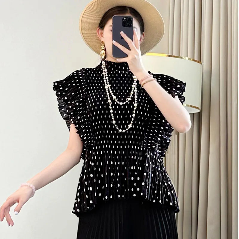 LANMREM Black Elastic Slim Dot Printting Pleated Women's T-shirt Summer Bawting Short Sleeve Stand Collar Pullover Top 2DB3375