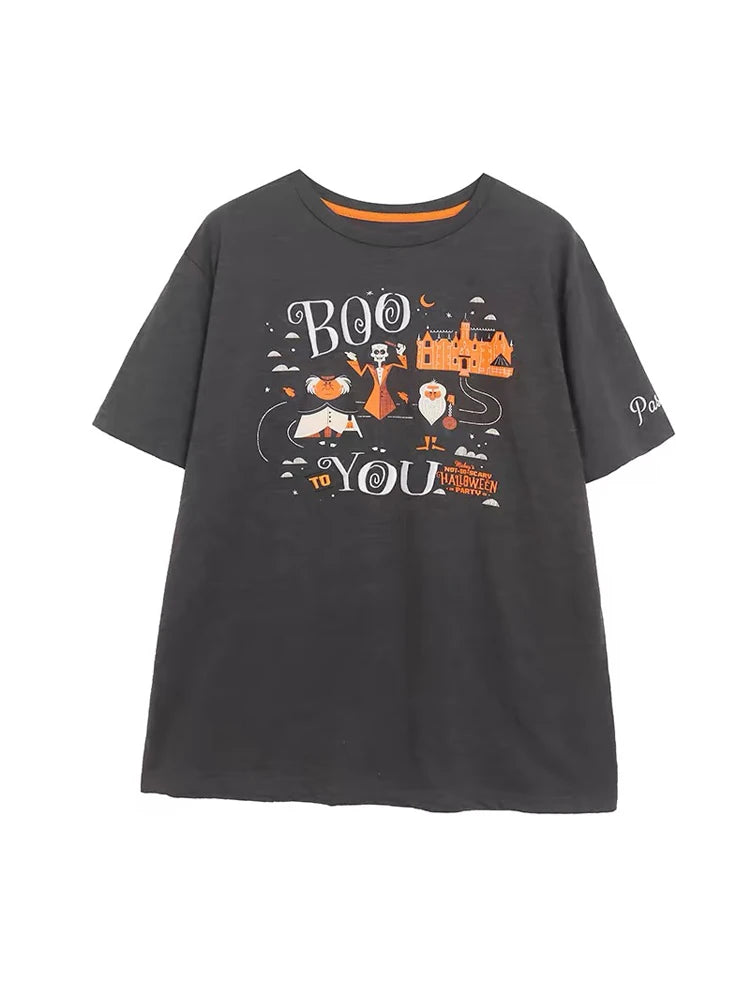 Fashion Halloween Castle Letter Cartoon Print Embroidery T-Shirt Women Short Sleelve O-Neck Pullover Casual Tops Female
