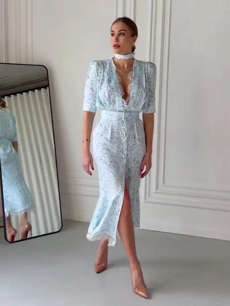 Deep V Neck Lace Trimmed Printed Dress Women Light Blue Tie Front Button Up Short Sleeve Robe Summer Lady Party Dresses 2026
