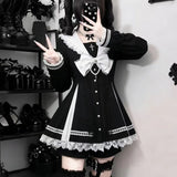 Japanese Gothic Y2k Lolita Style Bow Dress Shorts Set Women Elegant Lace Long Sleeve Button Shirt Party Dresses Slim Mini Dress