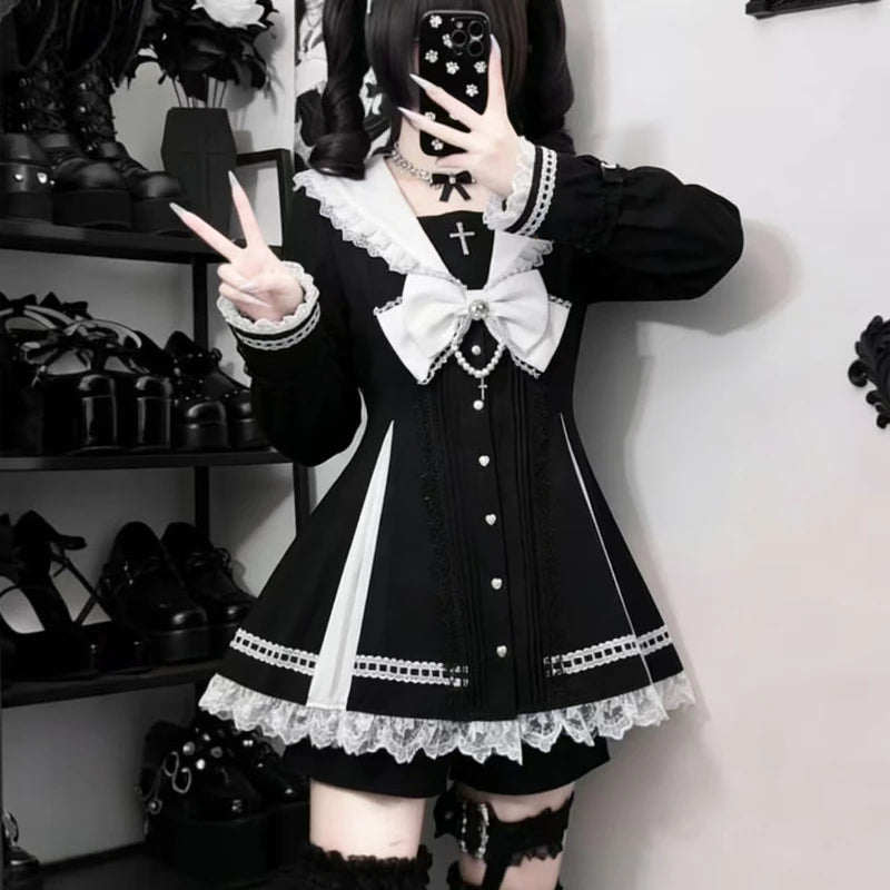 Japanese Gothic Y2k Lolita Style Bow Dress Shorts Set Women Elegant Lace Long Sleeve Button Shirt Party Dresses Slim Mini Dress