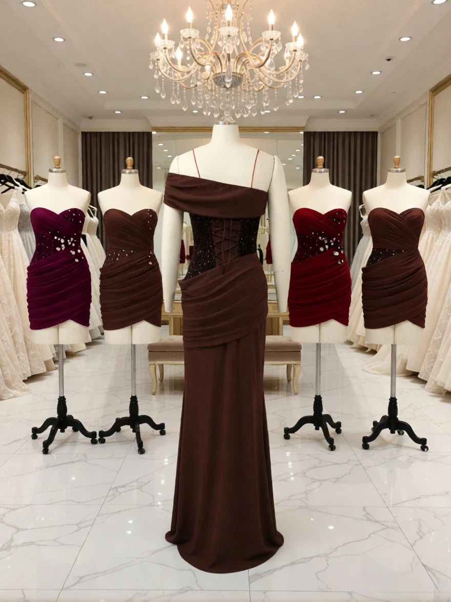 Suninheart One Shoulder Evening Dress for Women Elegant Draped Sequins Dress Long Back Lace Up Mermaid Maxi Party Dress