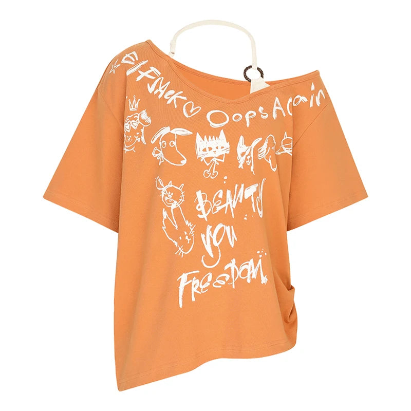 ELFSACK Orange Off Shoulder T-shirt, Loose Graffiti Print V-neck Tee, Casual Y2K Letter Graphic Top for Women