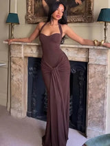Sexy Back Lace Up Halter Neck Long Dress Women Backless Ruched Waist Draped Bodycon Dresses Party Evening Cocktail Vestidos
