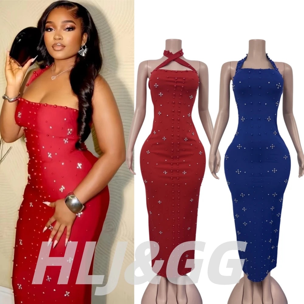 HLJ Elegant Pearls Patchwork Bodycon Dresses Women Halter Backless Printing Skinny Dress Female Party Clubwear Vestidos 2025 New