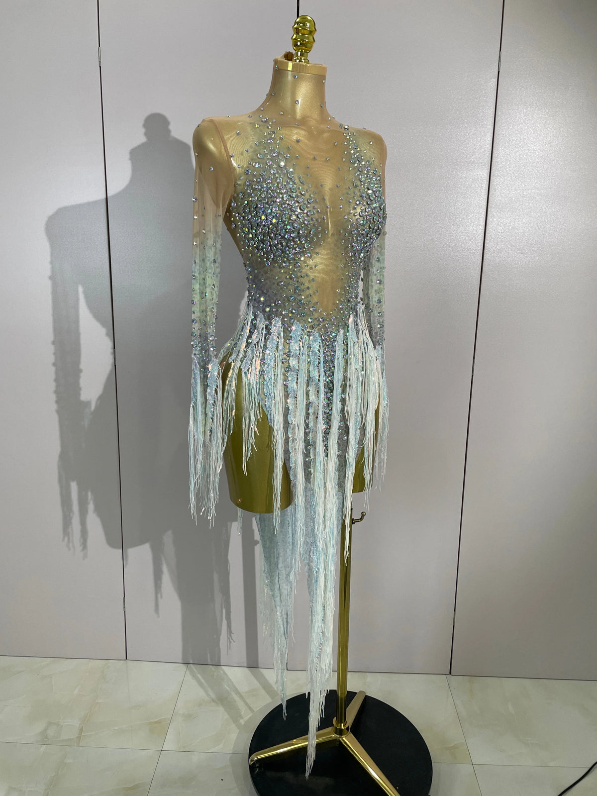 Sexy Mesh See Through Sparkly Rhinestone Tassel Long Sleeves Mini Dress 2026 Women Latin Dance Nightclub Party Club Stage Wear