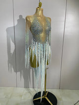 Sexy Mesh See Through Sparkly Rhinestone Tassel Long Sleeves Mini Dress 2026 Women Latin Dance Nightclub Party Club Stage Wear