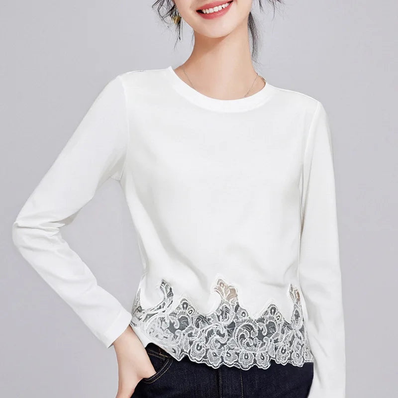 Cotton Lace Trim White Long Sleeve Tshirt Women 2025 New Fall Blouse Casual Basic Tee Flattering Fit Boho Chic Plus Size