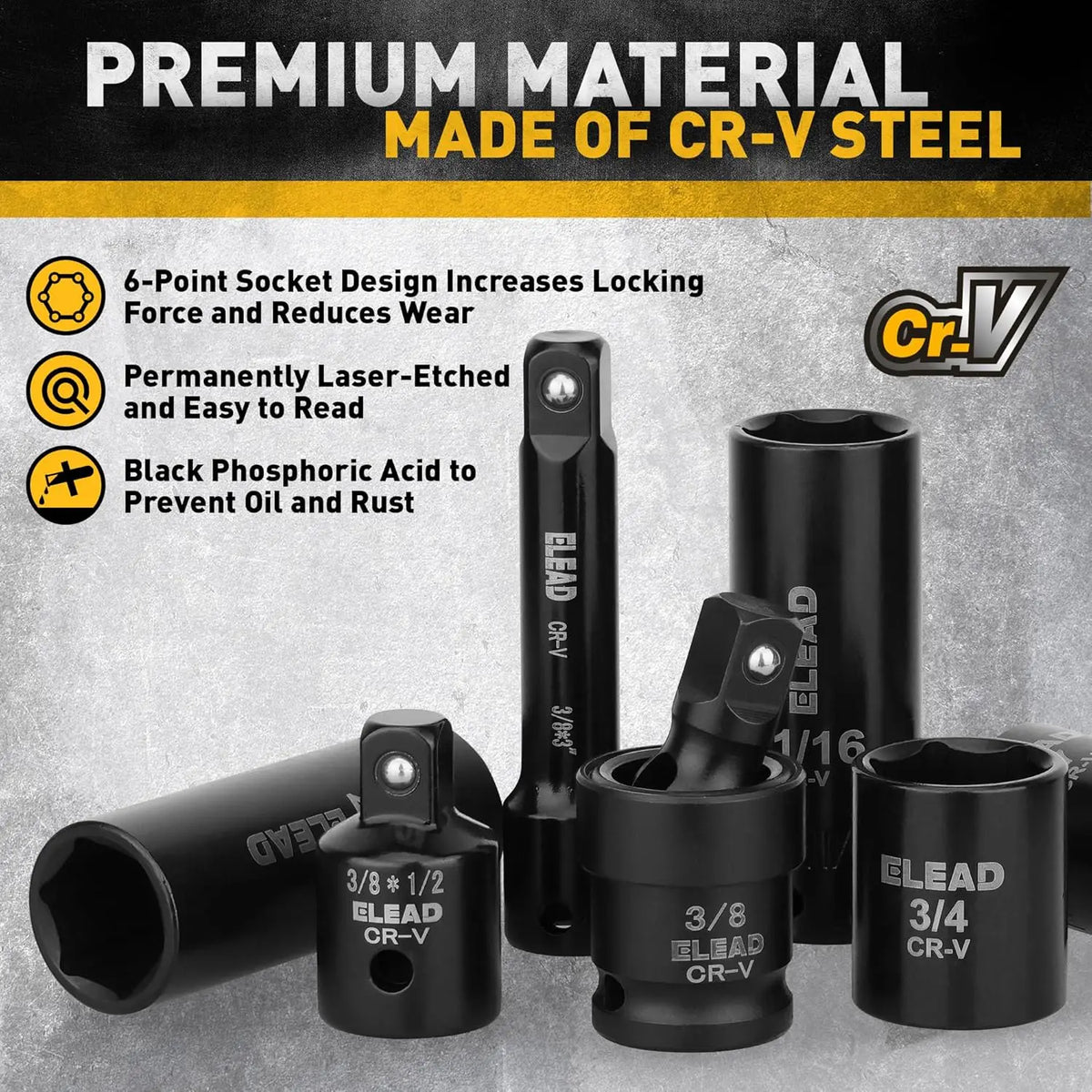 ELEAD 50PCS 3/8'' Drive Impact Socket Set Shallow & Deep Socket Set Metric and Standard Full with Universal Joint Extension Bar