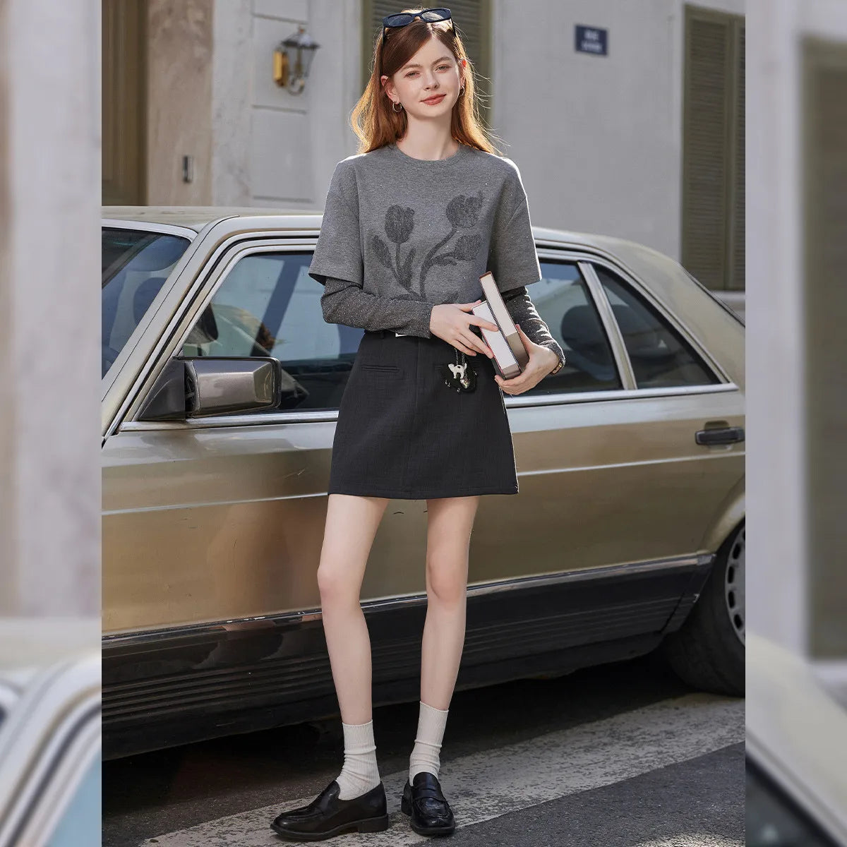 LOUIS YAO British Style Layered-Look Women's T-Shirt 2026 Spring Crew Neck Pullover Bouquet Pattern Long-Sleeve T-Shirt