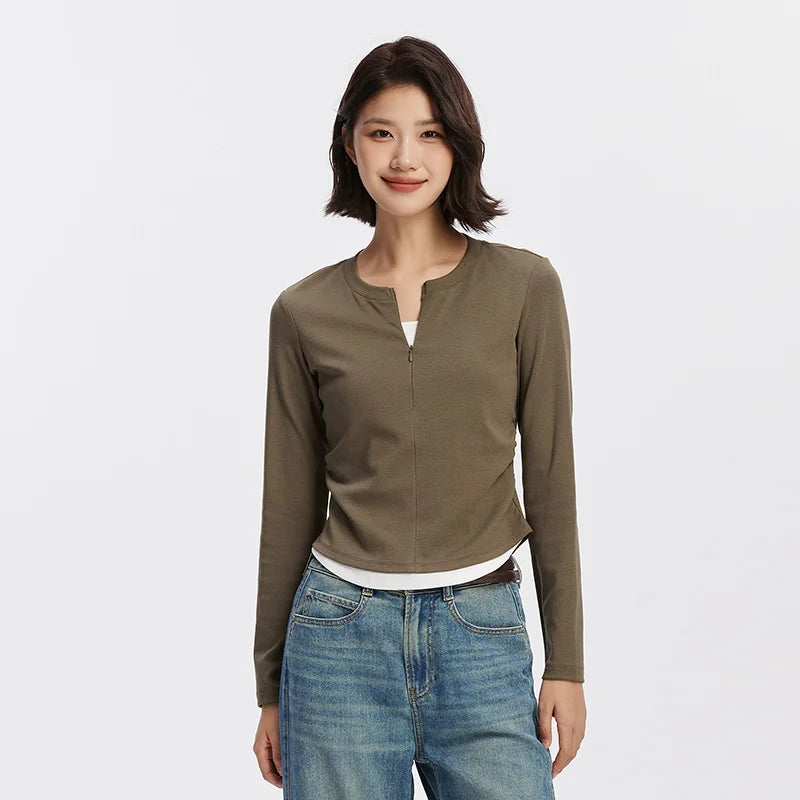 Semir Women T Shirt Cool Touch Slim Fit Mock Two Piece Long Sleeve Henley Cropped Casual Style Lightweight Fashion Tee Everyday