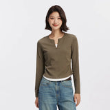 Semir Women T Shirt Cool Touch Slim Fit Mock Two Piece Long Sleeve Henley Cropped Casual Style Lightweight Fashion Tee Everyday