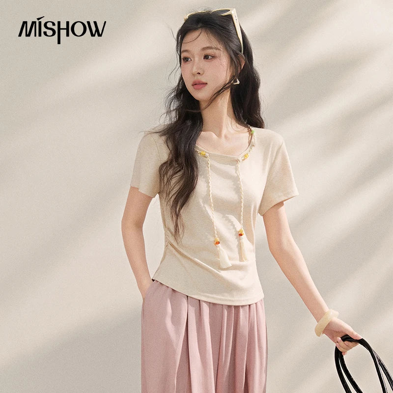 MISHOW Women Chinese Style Knit T-shirt 2026 New Summer Tassel Tie Waist Ruched Slim French Casual Daily Short Tops MXF16T1576