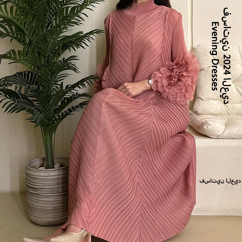 YUDX Luxury Purple Miyake Pleated High Neck Maxi Evening Dress, Ruffle Sleeve Women's Wedding Guest Ramadan Party Dress 2026 New