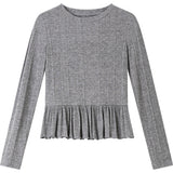 VIMLY Women's Gray Knitted T-shirts Casual Ruffled Hem Long Sleeve Ladies Tops Autumn 2026 Round Neck Slim Fit Female Tees A3092