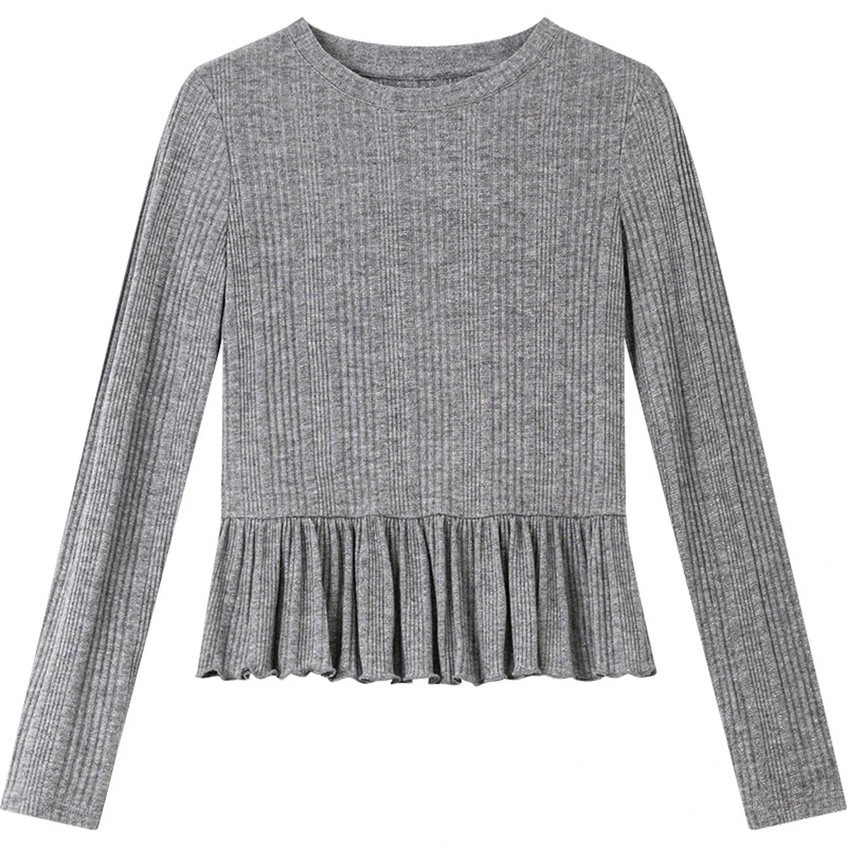 VIMLY Women's Gray Knitted T-shirts Casual Ruffled Hem Long Sleeve Ladies Tops Autumn 2026 Round Neck Slim Fit Female Tees A3092
