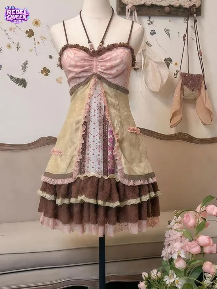 Summer New Women Floral Print Halter Dress Patchwork Ruffle Trim Layered Frill A Line Dress Boho Casual Seaside Holiday Outfits