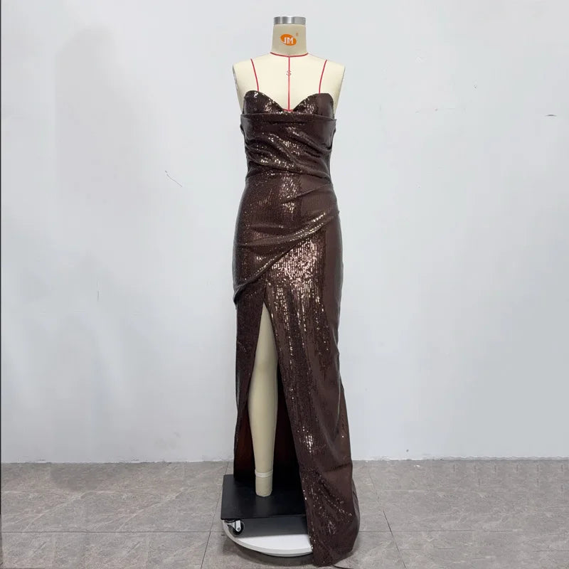 Sequined Strapless Evening Gown in Rose Color with a Thigh Slit, Women's Sexy Sequin Open Back Lace Up Dress Long Style