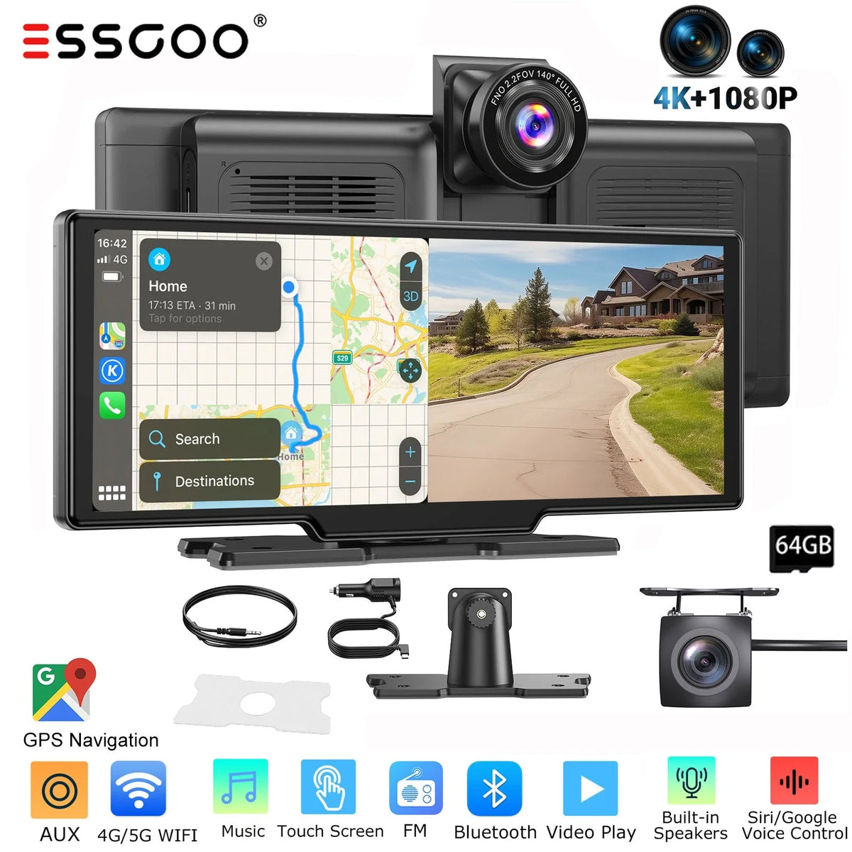 10.26" 4K 64GB Dash Cam Touch Screen Car Stereo Rearview Wireless Apple Carplay Android Auto Dual Len Recorder Dashboard