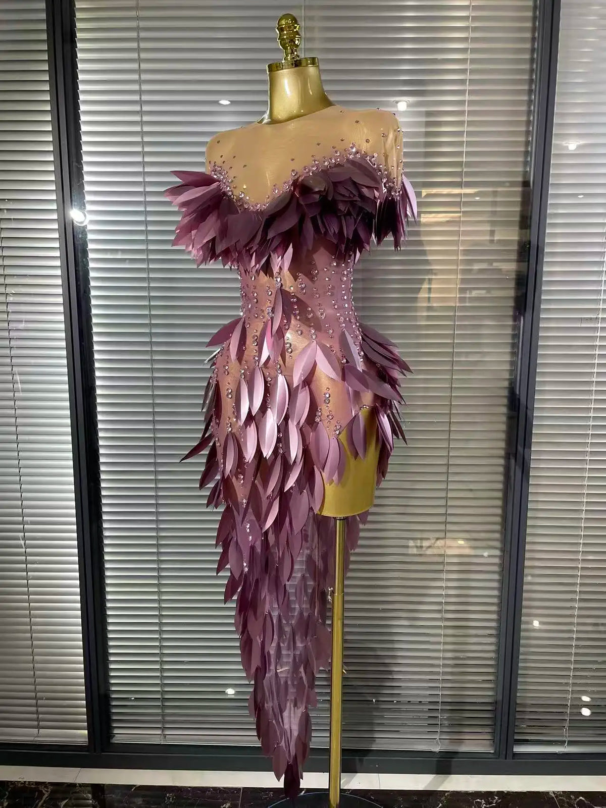 Purple Color Women Sexy 3D Acrylic Leaves Mesh High Stretch Bodycon Long Dress Evening Party Celebrate Birthday Photoshoot Wear