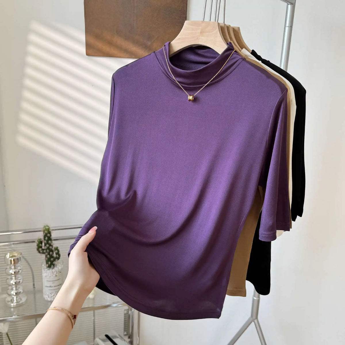 Birdtree 23% Silk T-shirt,Women Half Height O-neck Half Sleeves Solid Color Shirt,2026 Summer Autumn New T57024JF