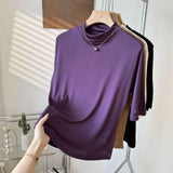Birdtree 23% Silk T-shirt,Women Half Height O-neck Half Sleeves Solid Color Shirt,2026 Summer Autumn New T57024JF