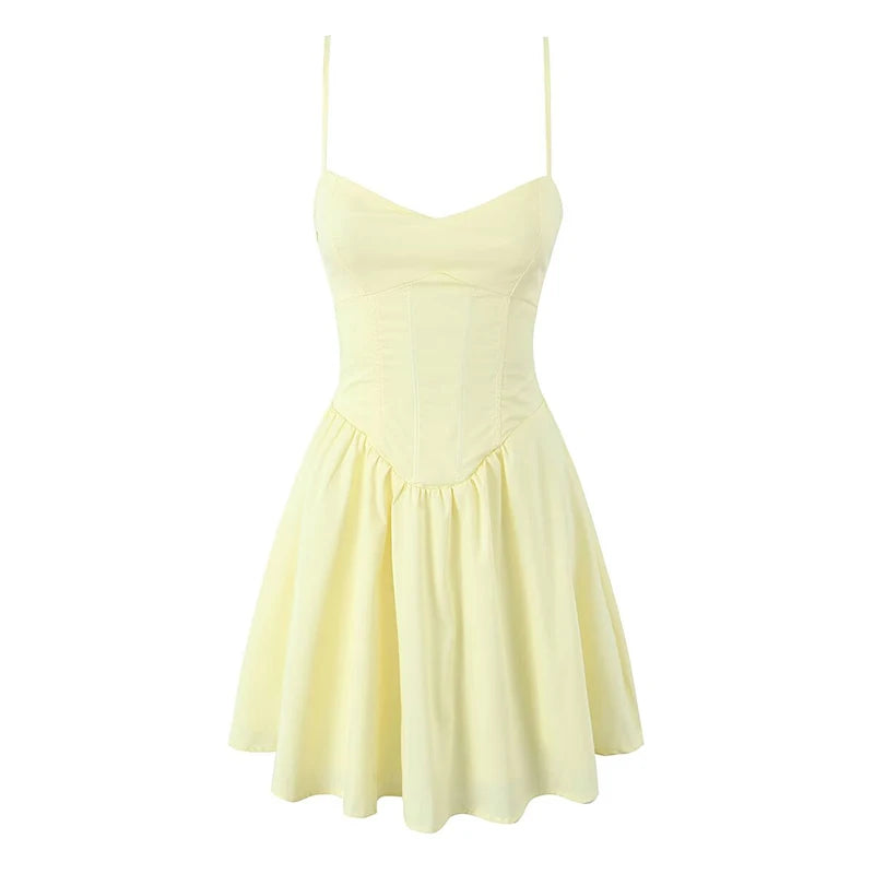 YENKYE Sexy Elegant Women Fishbone Waist Shaping Sling Mini Dress Lace Up Back Fit And Flare Summer Party Dresses Yellow Robe