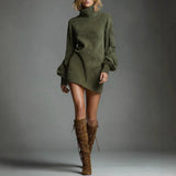 Autumn Retro Solid Suede Mini Short Dresses Sexy Turtleneck Slim Woman Pullover Dress Winter Long Sleeve Pockets Female Clothing