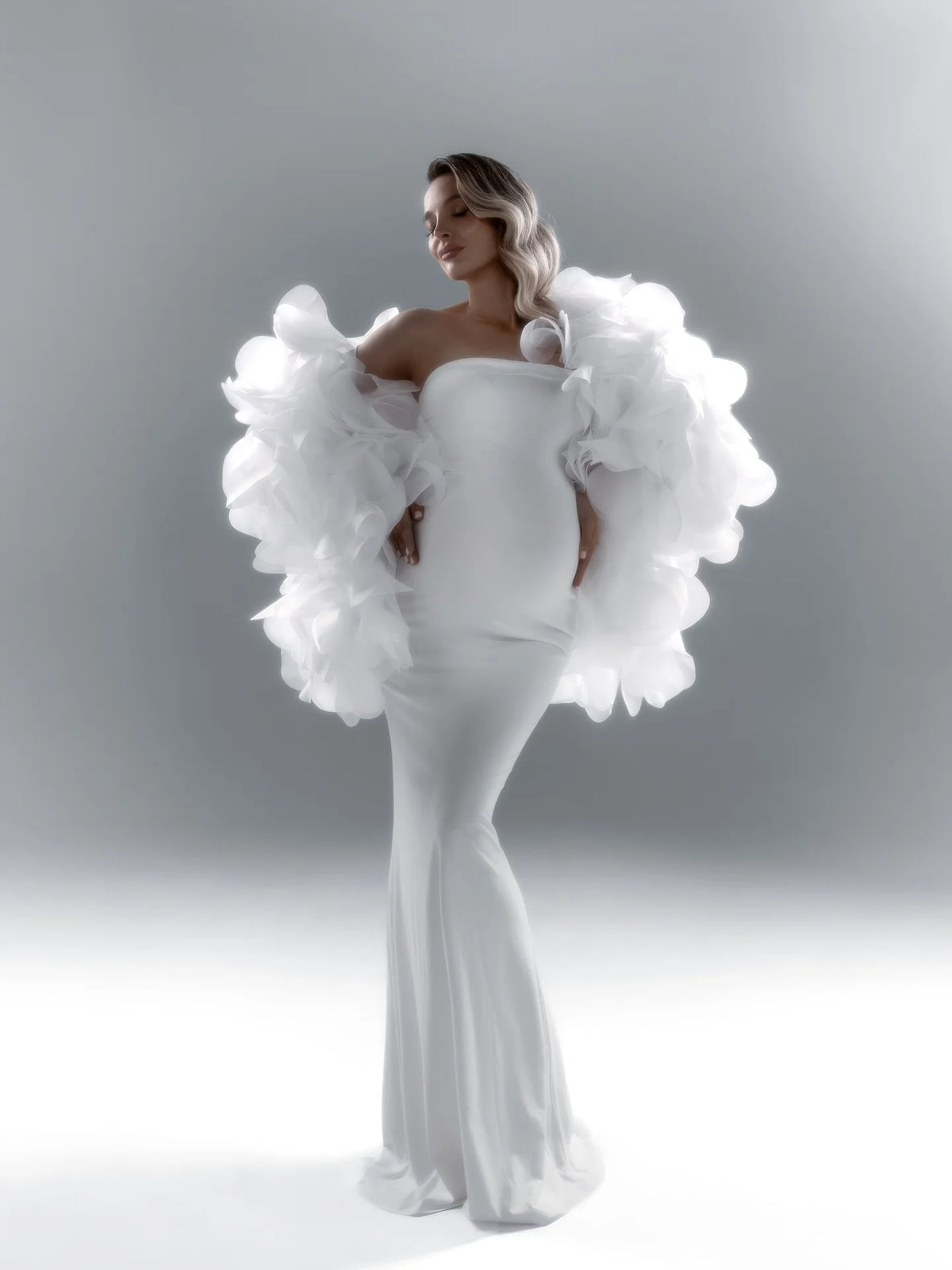 Romantic White Floral Jacket Organza Women Cape Handmade Oversize Maternity Coat Wedding Bridal Coat Outfit Jacket for Dress