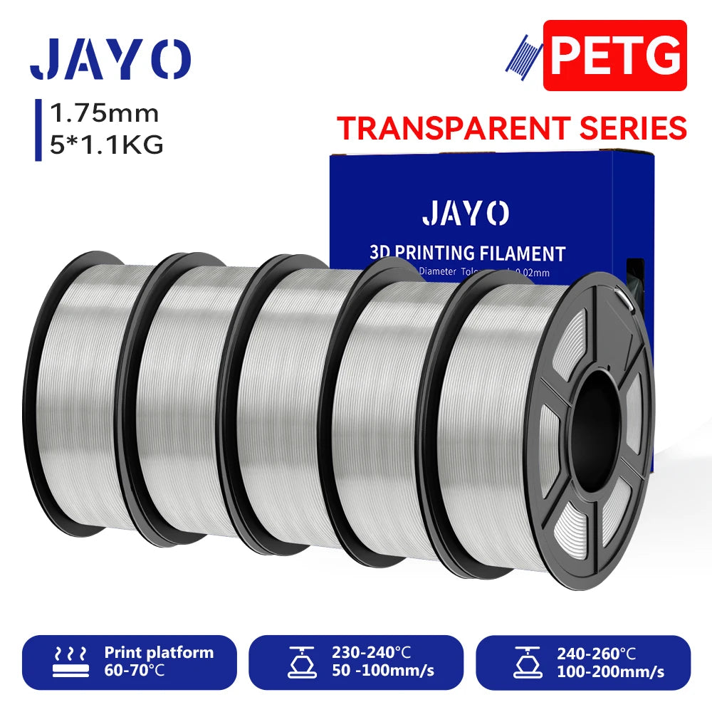JAYO 3D PETG/PLA/PLA PLUS Filament 1.75mm PLA Filament 5 Rolls For Bambu FDM 3D Printer Neatly Wound 3D Printing Material for 3d