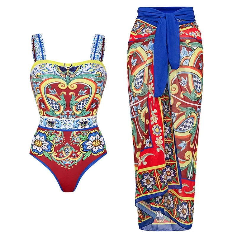 2024 Vintage Pattern Printed One Piece Swimsuit Swimwear Bikini Set Women Beachwear Clearance Wholesale