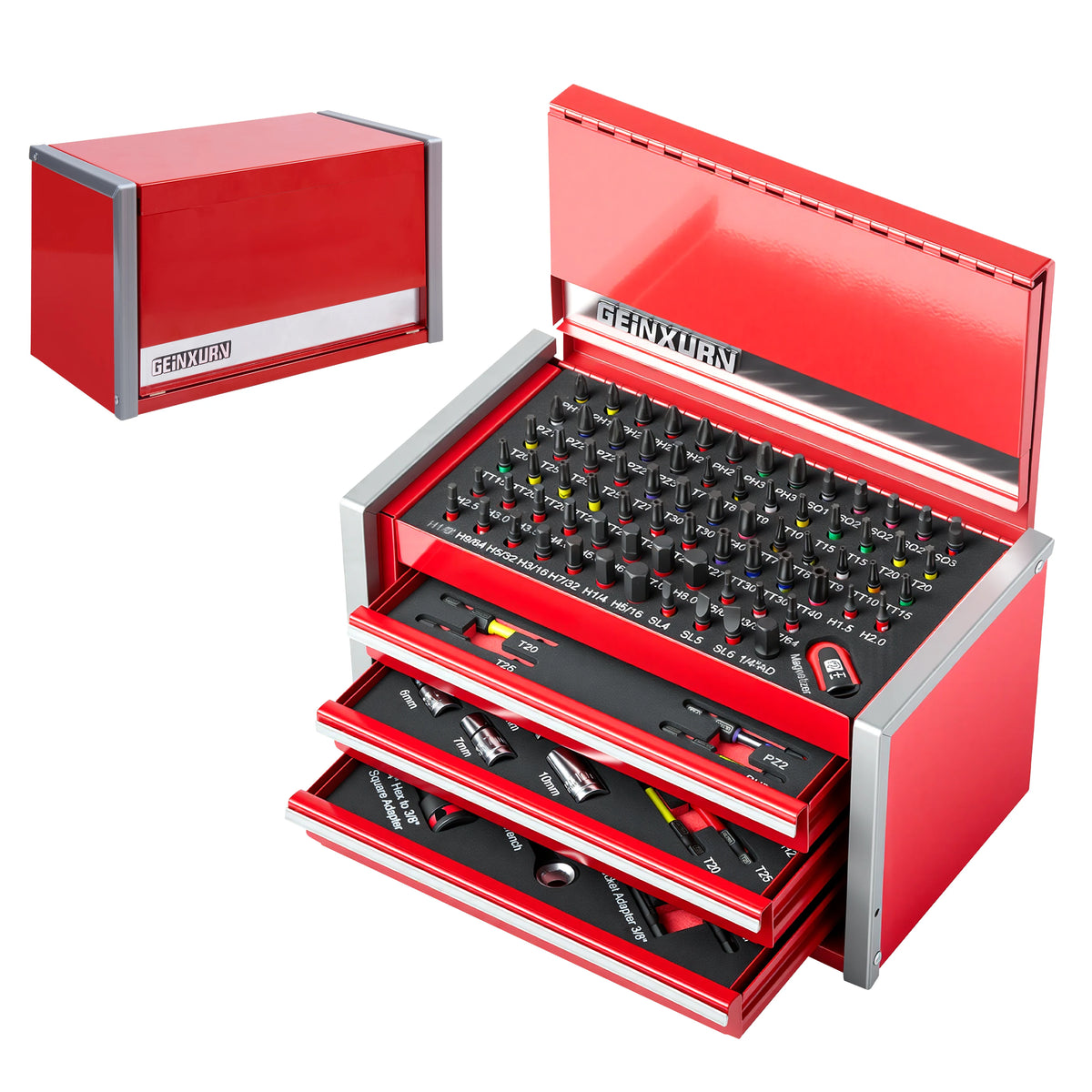 Geinxurn Tool Set, Heavy-Duty Red Tool Chest with 4 Drawers, Professional Socket for Auto Repair, Home Maintenance