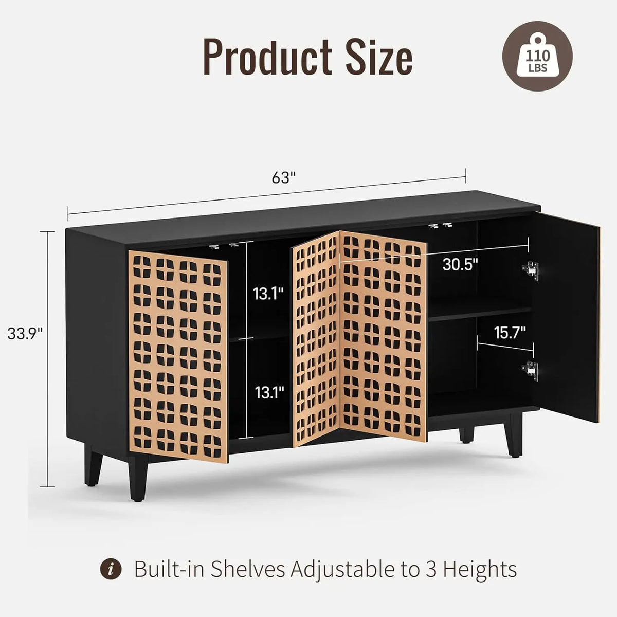 63" Storage Sideboard Buffet Cabinet w/ Doors & Adjustable Shelves for Living Room Entryway Black, Customized