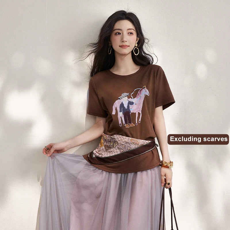 MISHOW Short Sleeved Round Neck Pony Printed T-Shirt For Women Summer 2026 New Daily Versatile Casual Cotton Tee MXF25T1621