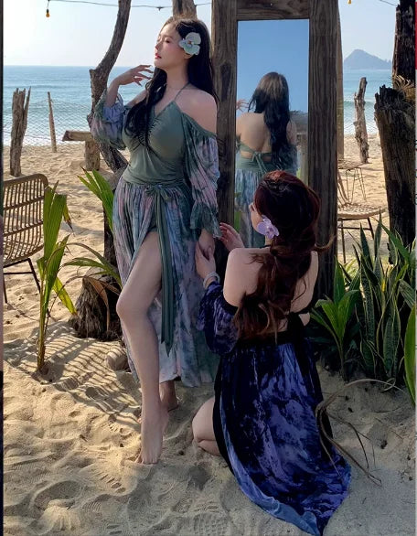 2026 Summer New Large Size Retro Fashion Girl One-piece Conservative Swimsuit Sexy Hot Spring Seaside Vacation Swimsuit Set