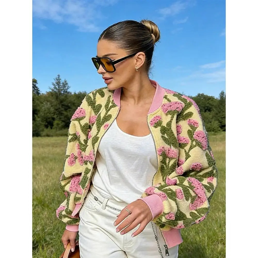 Dreamy Floral Plush Bomber Jacket Women, Oversized Zip Up Long Sleeve Fleece High Street Casual Coat