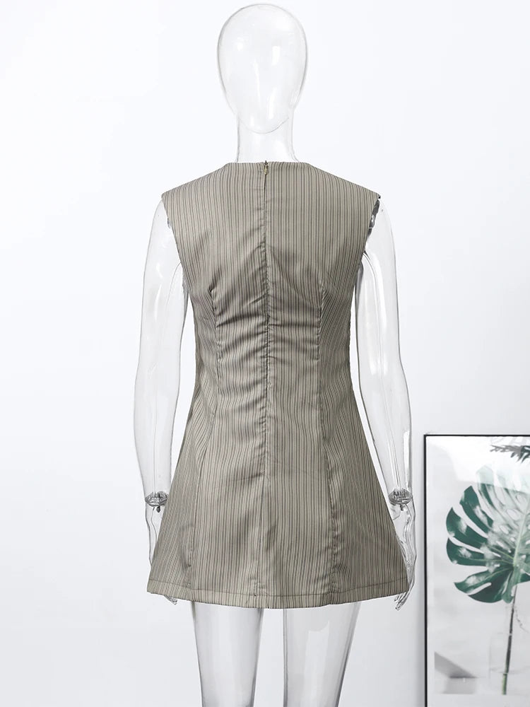 Casual Stripe Sleeveless Mini Dresses Women's Slim Waist-cinching V-neck Dress 2026 New Ladies Spring Summer Solid Outwear