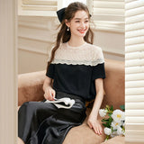 LOUIS YAO Women's Shirt 2025 Summer Shoulder Hollow Lace Design T-shirt Elegant Temperament Round Neck Short Sleeve Thin Shirt
