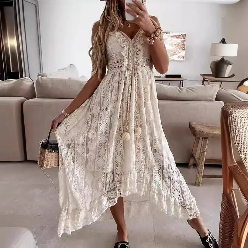 Summer Women Lace Strapless Flared Maxi Dress Solid White Long Dress Sleeveless V Neck Flowy Ruffle Bohemian Dresses