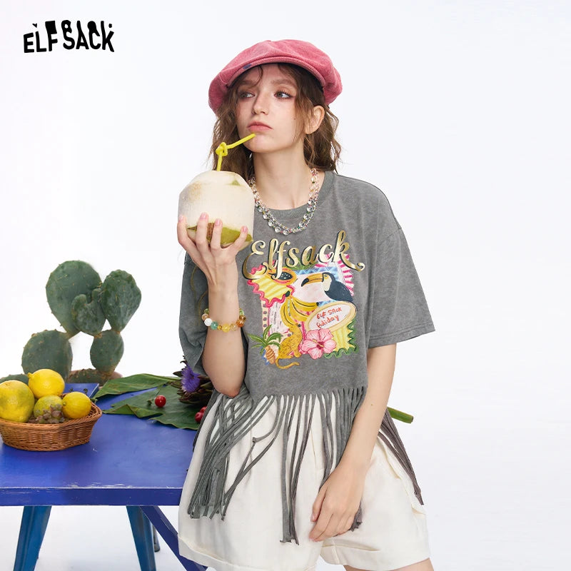 ELFSACK Women's Tropical Graphic Print Tee with Fringe Hem, Crew Neck Cropped Short Sleeve T-shirt for Daily, Loose Casual Tops