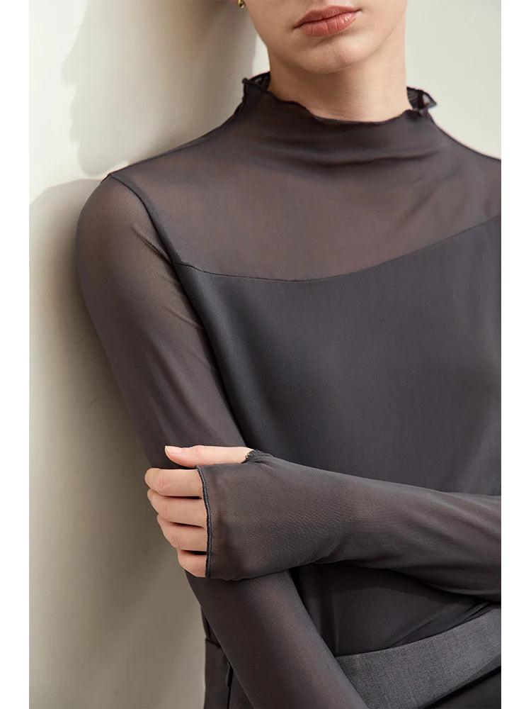 Amii Minimalism Mesh T-shirts For Women 2026 Autumn New Office Lady Half-high Neck Micro Perspective Slim Retro Shirt 12423055