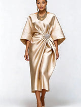 Navy Blue Satin Midi Dress Women Boat Neck Batwing Sleeve Rhinestone Waist Decor Ruched Elegant Evening Party Cocktail Dress
