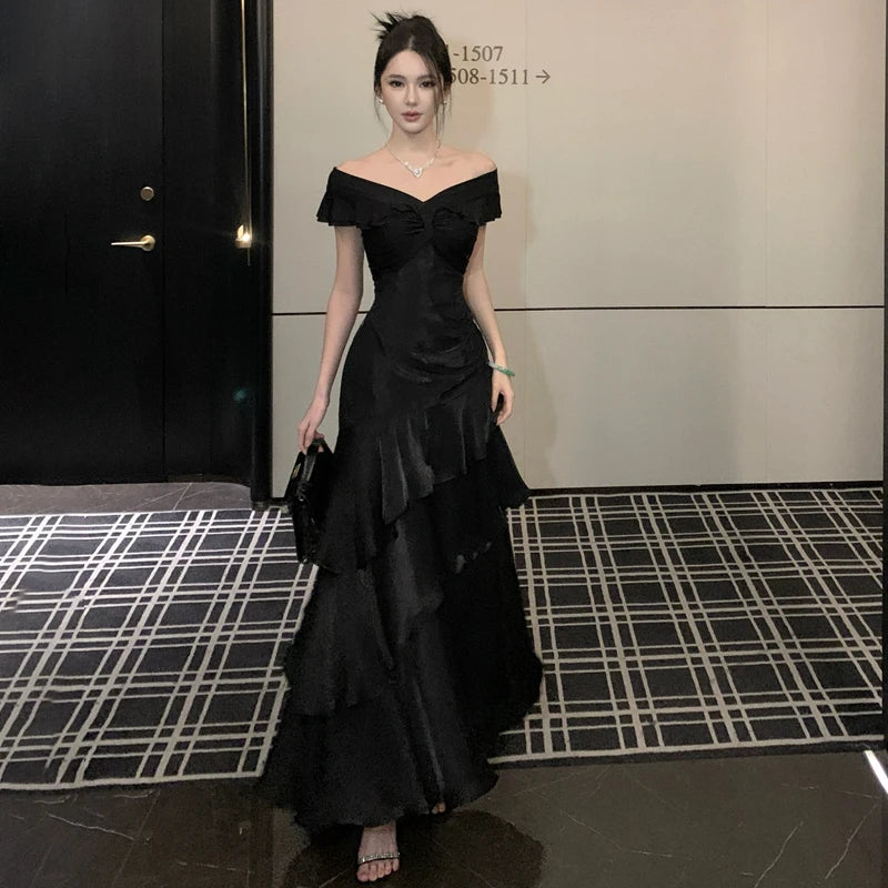 Elegant Evening Party Ruffles Mermaid Dresses Women Summer V Neck Short Sleeve Slim Black Dress Holiday Beach Birthday Dress