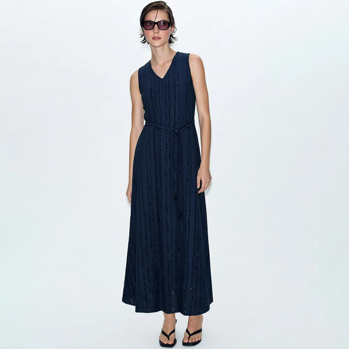 Amii Women's Casual Dresses 2026 Summer V Neck Belted Fringed Jacquard Elegant Sleeveless A-Line Midi Dress For Women 12652075