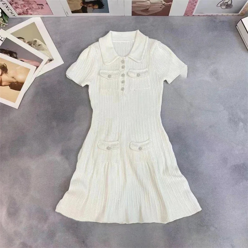 2025 Spring/Summer New Polo Neck Short Sleeve Knitted Dress Y2K Fashion Commuter Elastic Slim Fit Multi Pocket Wrapped Hip Skirt