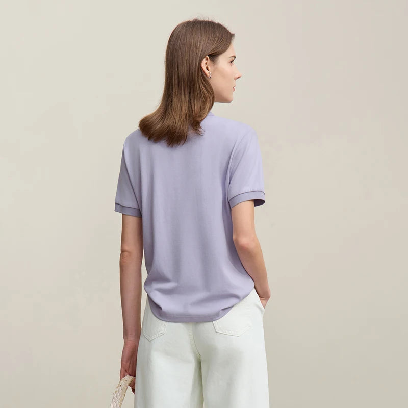 Amii Women's Polo Shirt 2026 Summer Asymmetric Placket Short Sleeve Tee Lapel Collar Casual Layering T-Shirt For Women 12622015