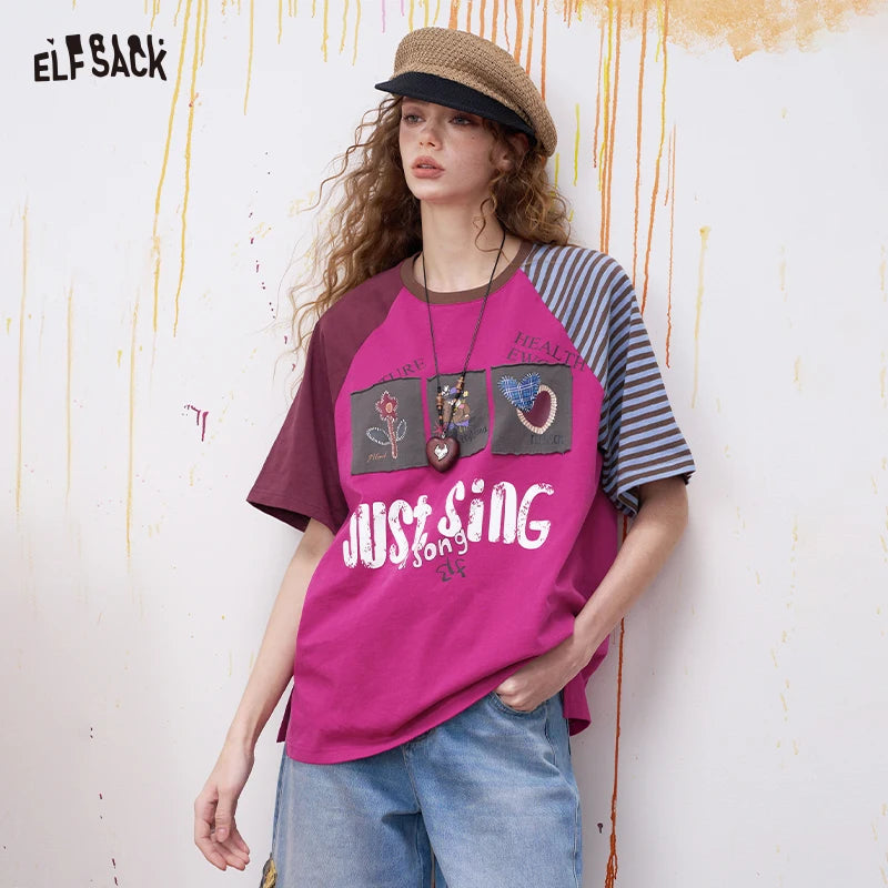 ELFSACK Vintage Raglan Sleeve T-Shirt with Patch Appliques, Cute Short Sleeve Tee with Letter Print, Women's Casual Summer Top
